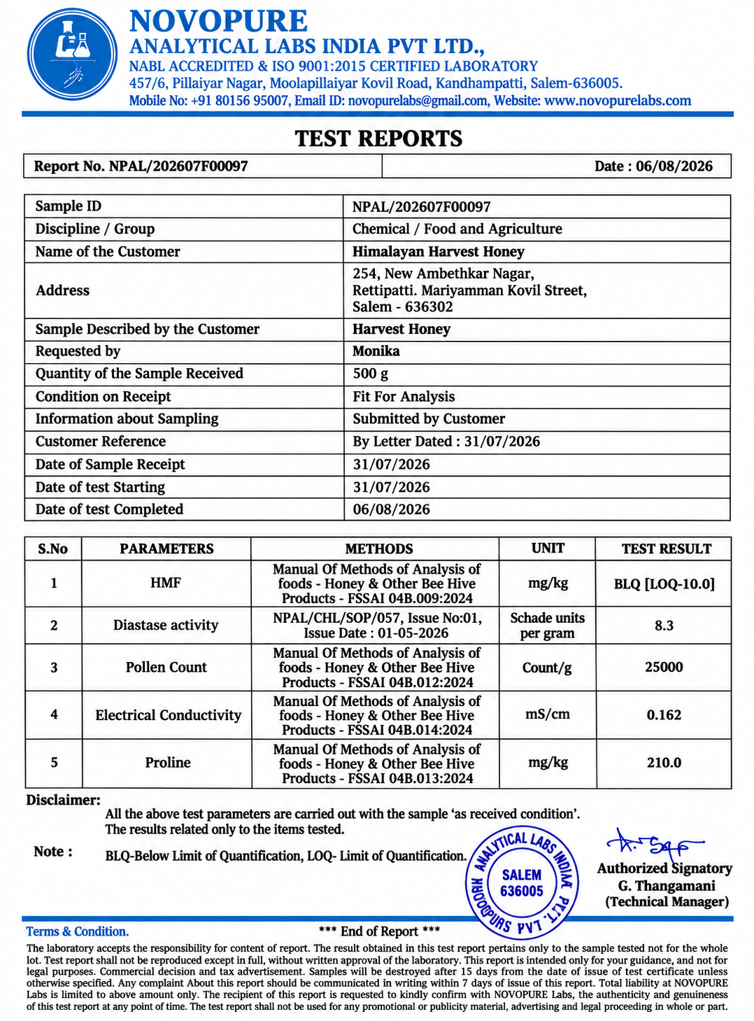 Novopure Analytical Labs honey test report preview